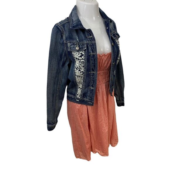 Studio M Dress Womens Medium Cottagecore Peasant Denim Jacket Orange Blue Lace - Picture 15 of 16